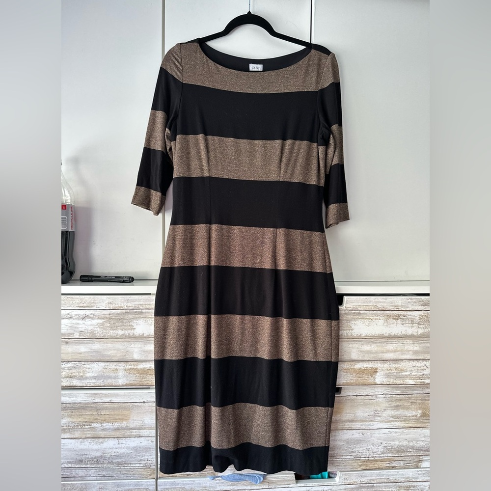 Cache Gold Black Metallic Stripe Midi Dress Size L Made USA